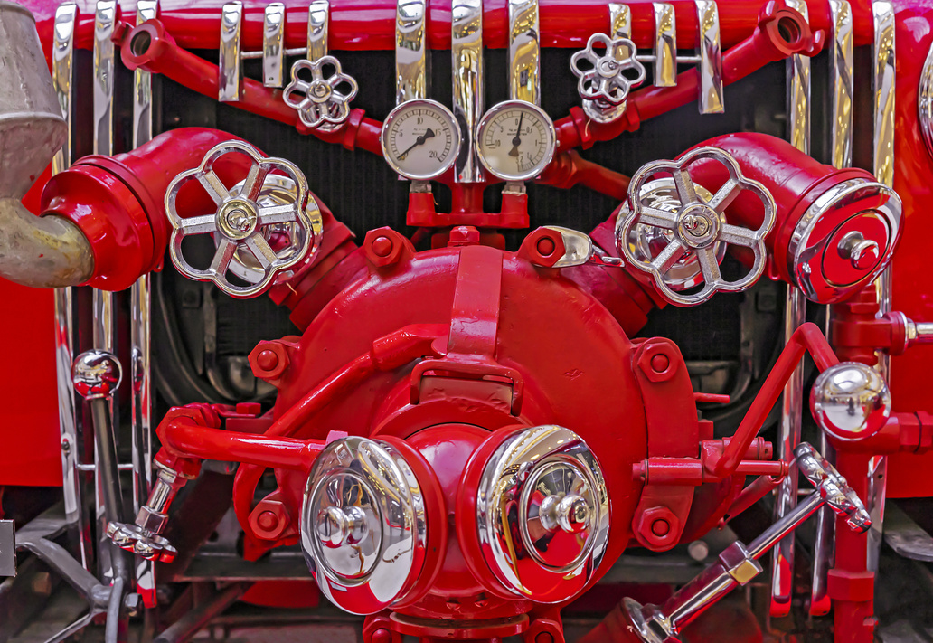 Fire equipment on the old fire truck. Vintage fire equipment.